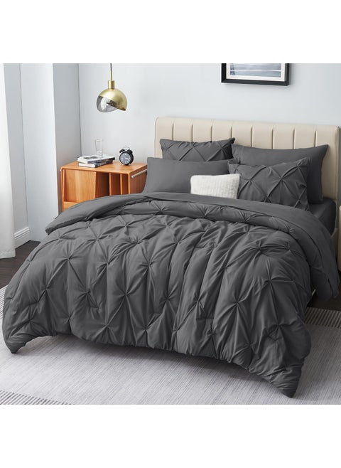 CozyLux King Size Comforter Set - 7 Pieces Comforters King Dark Gray  Pintuck Bed in A Bag Grey Pinch Pleat Bedding Sets with All Season Comforter  Flat Sheet  Fitted Sheet and Pillowcases & Shams