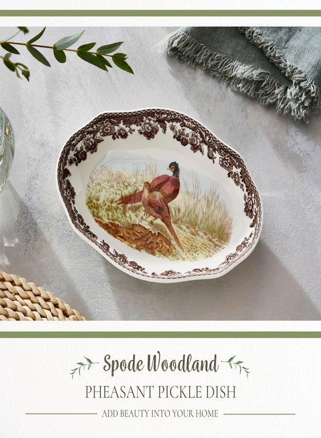 Spode Woodland Pheasant Pickle Dish - 8.5" Porcelain Tray with British Flowers Border & Scalloped Edge, Microwave, Dishwasher, Oven & Freezer Safe - Rustic Serveware for Appetizers & Sides - Image 2