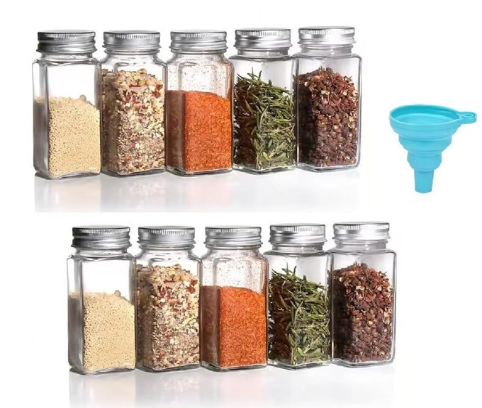 SQUARE GLASS SPICE JARS 120 ML CLEAR GLASS SQUARE SPICE JAR BLACK SIFTER TWO SIDED SIFTER CAPSHAKER HOLESPOUR OPEN AND FRESHNESS SEAL BLACK 10