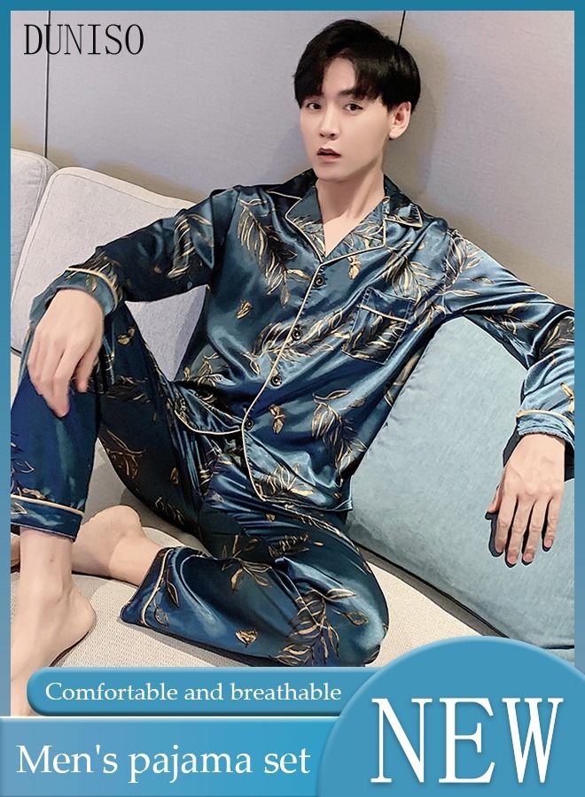 DUNISO 2-Piece Men's Pajamas Sets Long Sleeves Pants Silk Sleepwear Set Full Button-down Top with Notch Collar Shirt Loungewear Printing Homewear Green - Image 1