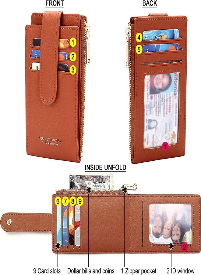 محفظة حامل بطاقات حماية RFID رقيقة للنساء، محفظة مزودة بسحاب ومنظمة للجيب الأمامي، حقيبة متعددة الوظائف نقود وحافظة بطاقات (بني) - Image 2