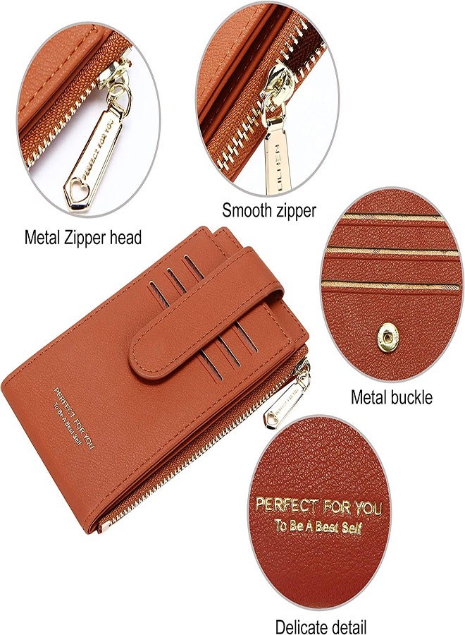 محفظة حامل بطاقات حماية RFID رقيقة للنساء، محفظة مزودة بسحاب ومنظمة للجيب الأمامي، حقيبة متعددة الوظائف نقود وحافظة بطاقات (بني) - Image 3