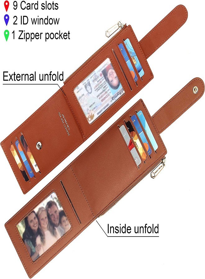 محفظة حامل بطاقات حماية RFID رقيقة للنساء، محفظة مزودة بسحاب ومنظمة للجيب الأمامي، حقيبة متعددة الوظائف نقود وحافظة بطاقات (بني) - Image 4