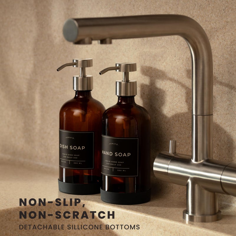 Verute 16Oz Glass Soap Dispenser With Stainless Steel Pump 21 Waterproof Labels Non-Slip Protective Silicone Pad Set Of 2 For Bathroom & Kitchen (Amber Bottle/Brushed Silver Pump) - Image 2