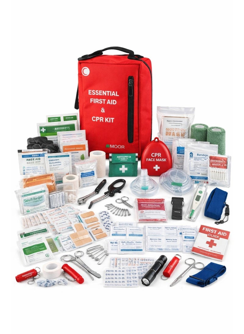 MOOR Essential First Aid & CPR Kit – Complete Red Emergency Medical Kit with Bandages, Gauze, Gloves & Supplies for Home, Car, Office & Outdoor - Image 1