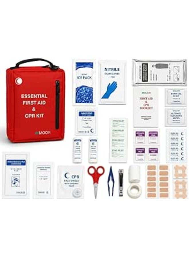 MOOR Essential First Aid & CPR Kit – Complete Red Emergency Medical Kit with Bandages, Gauze, Gloves & Supplies for Home, Car, Office & Outdoor