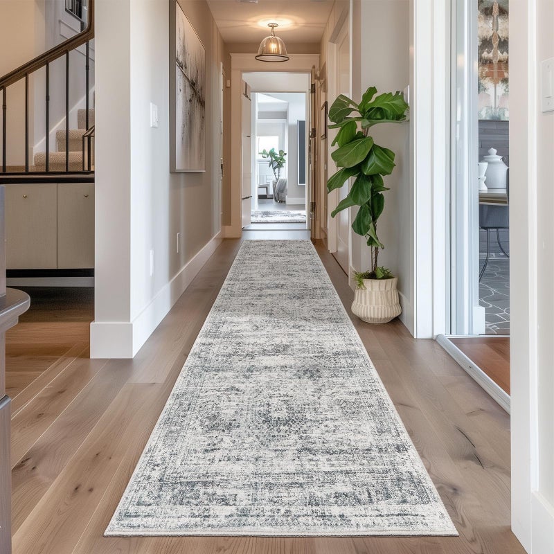 Restydon Long Hallway Runner Rug- Carpet Runners for Hallway 12ft, Anti Slip Backing Washable Rug Runner for Bathroom, Entrance, Living Room, Soft Low Pile Mordern Rug Runner(2'x12', Grey/Ivory) - Image 1