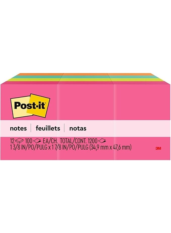 Post-it ملاحظات بوست-إت بألوان نيون 653AN 1.5 × 2 بوصة (38 مم × 51 مم)، 12 دفتر/عبوة | ألوان متنوعة | ملاحظات لاصقة | لتدوين الملاحظات، قوائم المهام والتذكيرات | إزالة نظيفة | قابلة لإعادة التدوير | 100 ورقة/دفتر - Image 1