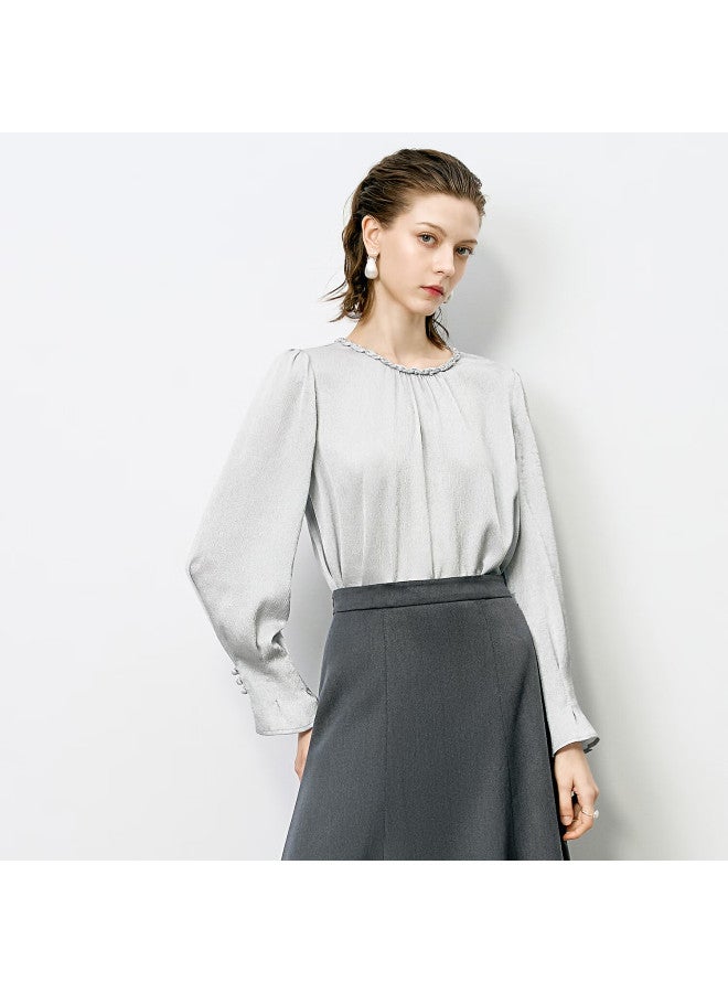 Yanyee Design-inspired Women's Top, Early Autumn Loose Round Neck Elegant Long-sleeve Blouse For Women, Gray, S - Image 1