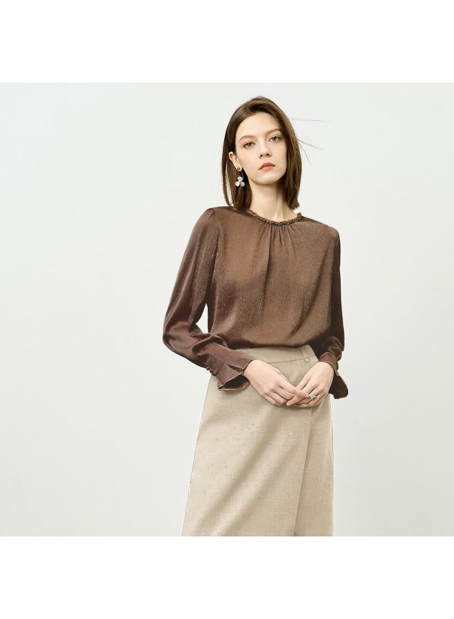 Yanyee Design-inspired Women's Top, Early Autumn Loose Round Neck Elegant Long-sleeve Blouse For Women, Gray, S - Image 3