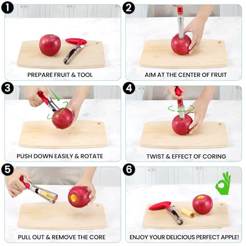 SCHVUBENR Premium Apple Corer Tool - Easy to Use and Clean - Sturdy Apple Core Remover with Sharp Serrated Blades - Stainless Steel Corers for Apple and Pear - Core Fruits with Ease(Red) - Image 4