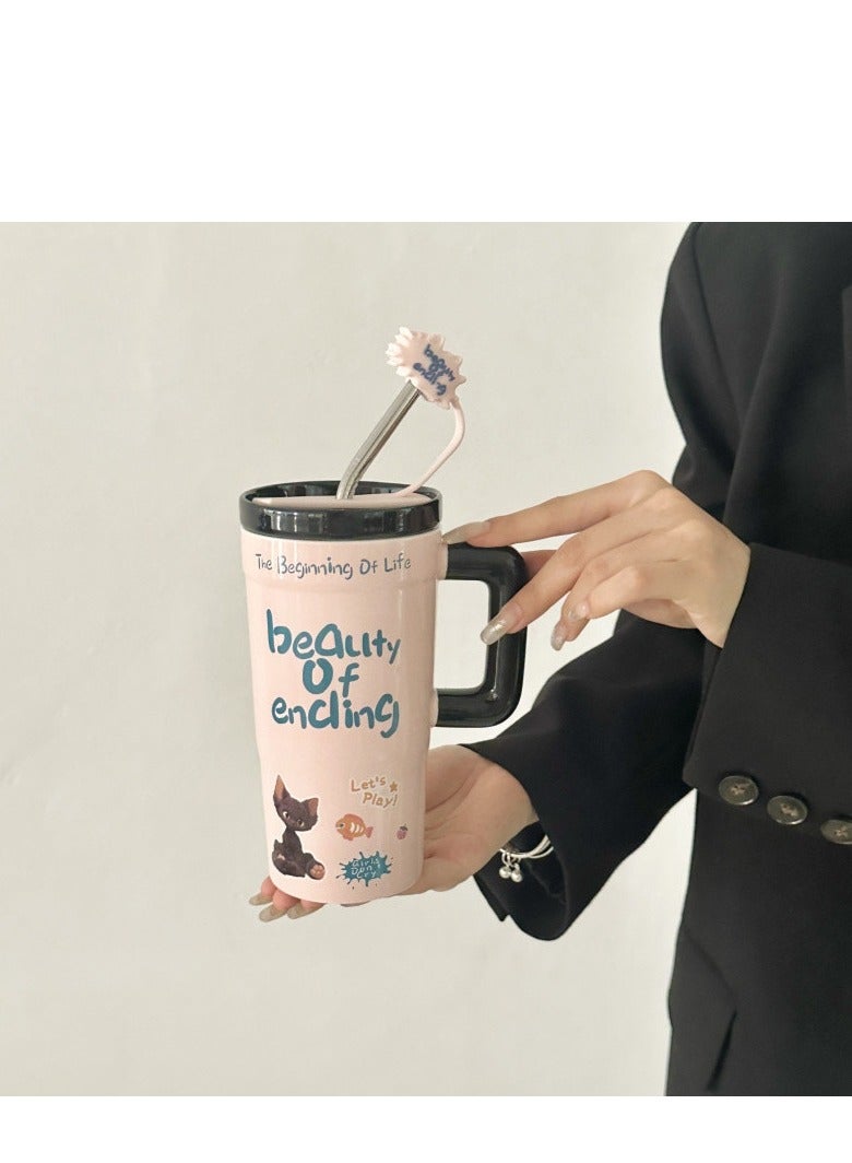 جوسكوين 680 مل كوب قهوة، كوب سيراميك كبير بسعة لطيفة ووردية مع مقبض وقشة وغطاء، معزول للمشروبات الساخنة والباردة، مثالي للاستخدام في المكتب والمنزل، هدية عيد ميلاد مثالية. - Image 5