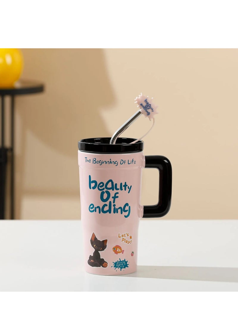 جوسكوين 680 مل كوب قهوة، كوب سيراميك كبير بسعة لطيفة ووردية مع مقبض وقشة وغطاء، معزول للمشروبات الساخنة والباردة، مثالي للاستخدام في المكتب والمنزل، هدية عيد ميلاد مثالية. - Image 3