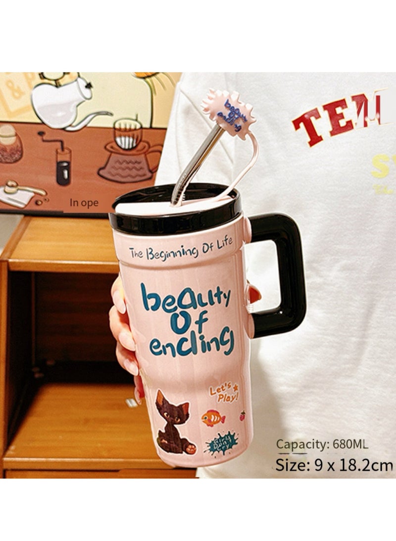 جوسكوين 680 مل كوب قهوة، كوب سيراميك كبير بسعة لطيفة ووردية مع مقبض وقشة وغطاء، معزول للمشروبات الساخنة والباردة، مثالي للاستخدام في المكتب والمنزل، هدية عيد ميلاد مثالية. - Image 2