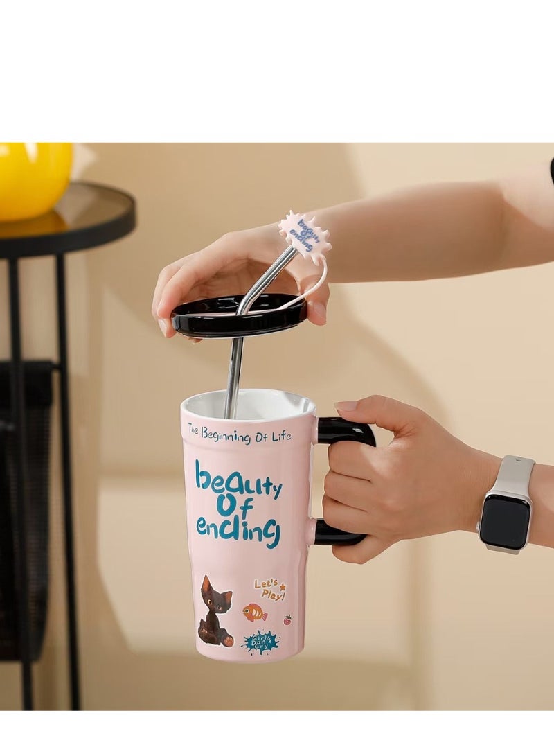 جوسكوين 680 مل كوب قهوة، كوب سيراميك كبير بسعة لطيفة ووردية مع مقبض وقشة وغطاء، معزول للمشروبات الساخنة والباردة، مثالي للاستخدام في المكتب والمنزل، هدية عيد ميلاد مثالية. - Image 4