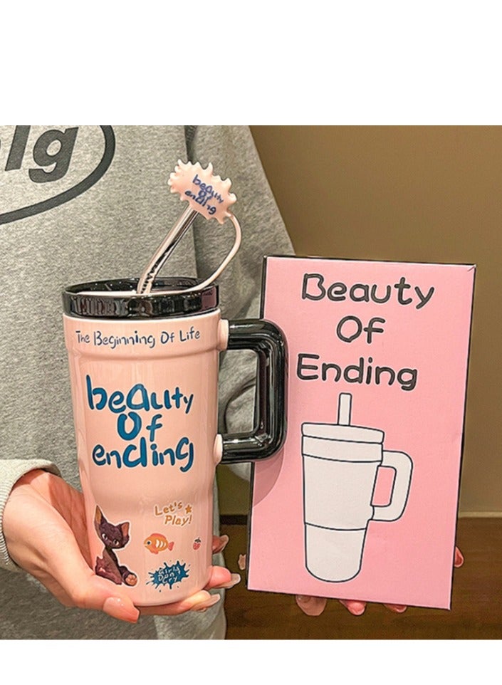 جوسكوين 680 مل كوب قهوة، كوب سيراميك كبير بسعة لطيفة ووردية مع مقبض وقشة وغطاء، معزول للمشروبات الساخنة والباردة، مثالي للاستخدام في المكتب والمنزل، هدية عيد ميلاد مثالية. - Image 1