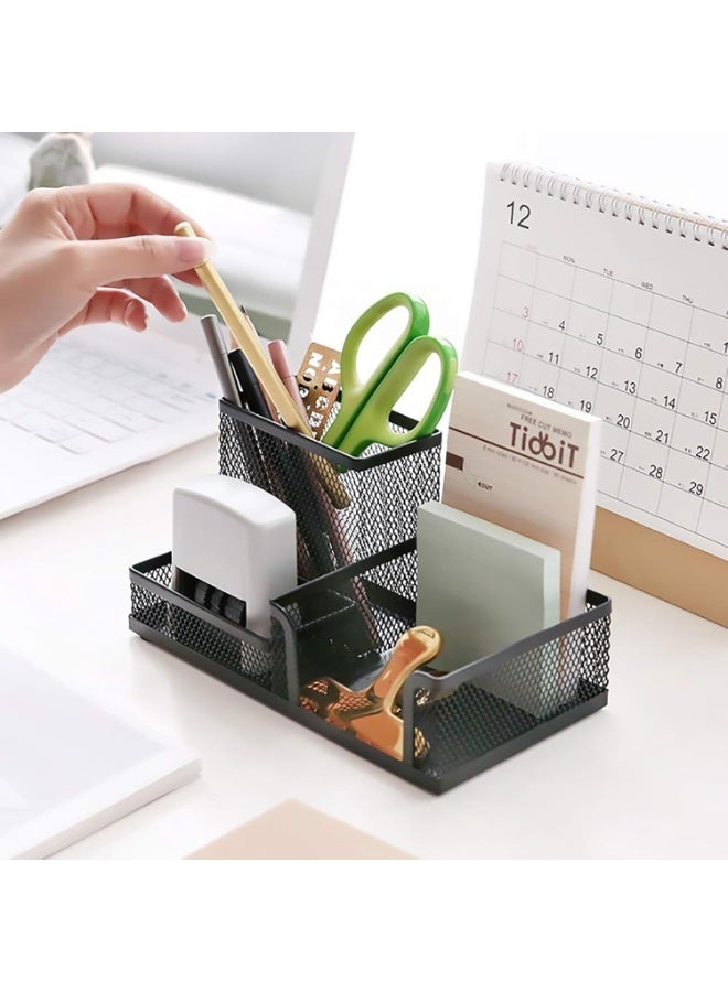 Black Metal Desk Organizer with 3 Storage Compartments for Pens and Papers - Image 4