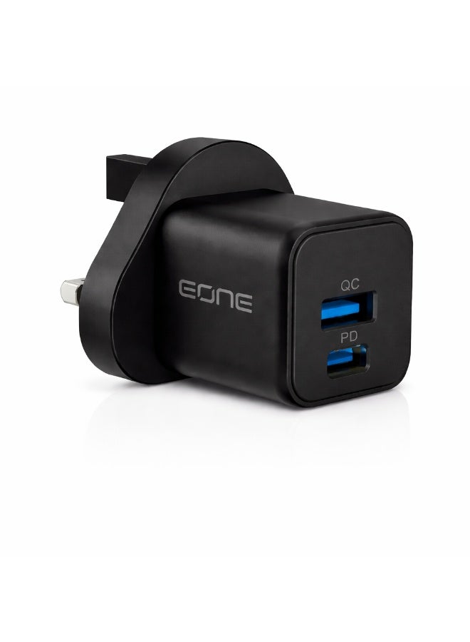 إيون شاحن EONE سريع بقدرة 20 واط بتقنية GaN، مزود بمنفذين USB-C PD و USB-A QC، شاحن حائط مع كابل، شاحن سفر صغير الحجم لأجهزة iPhone و iPad و AirPods وغيرها - أسود - Image 1