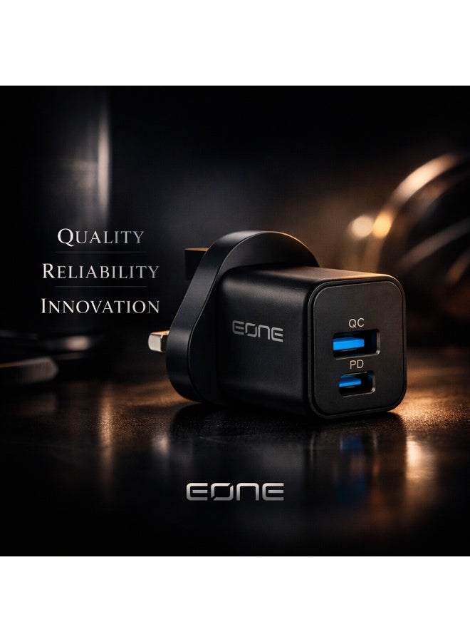 إيون شاحن EONE سريع بقدرة 20 واط بتقنية GaN، مزود بمنفذين USB-C PD و USB-A QC، شاحن حائط مع كابل، شاحن سفر صغير الحجم لأجهزة iPhone و iPad و AirPods وغيرها - أسود - Image 4