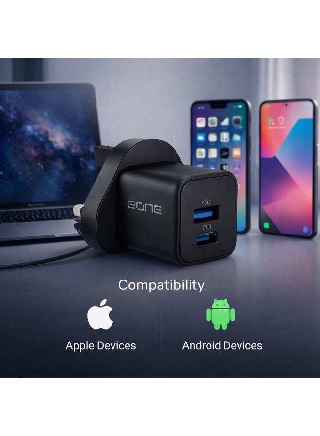 إيون شاحن EONE سريع بقدرة 20 واط بتقنية GaN، مزود بمنفذين USB-C PD و USB-A QC، شاحن حائط مع كابل، شاحن سفر صغير الحجم لأجهزة iPhone و iPad و AirPods وغيرها - أسود - Image 3