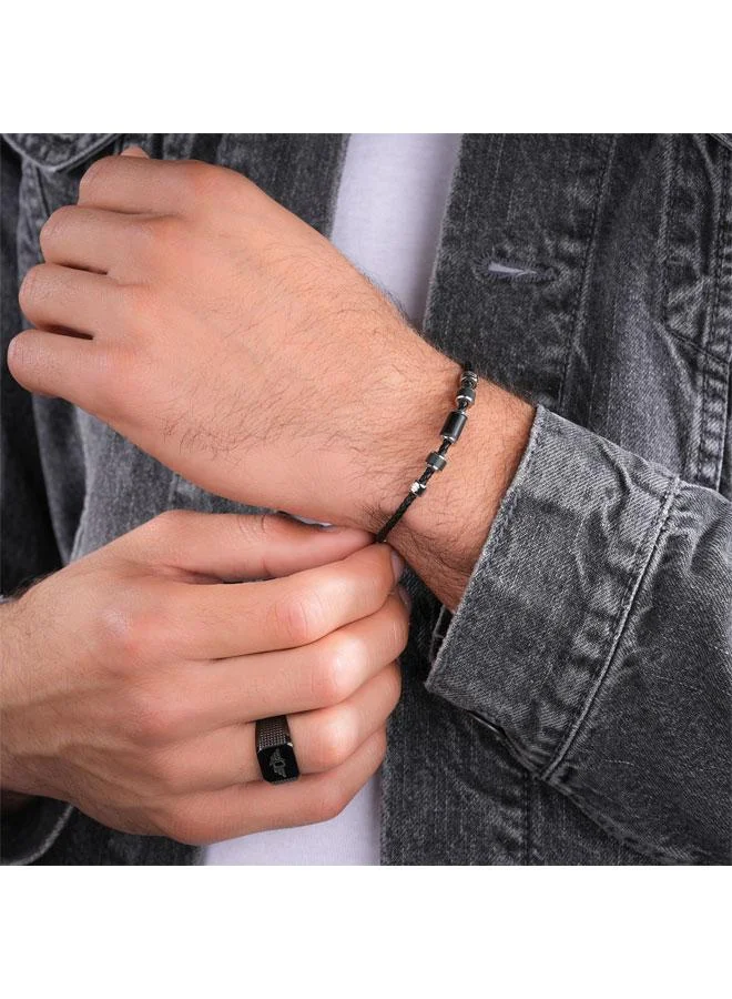 POLICE Bullion Men's Black Leather with Onyx Beads Bracelets