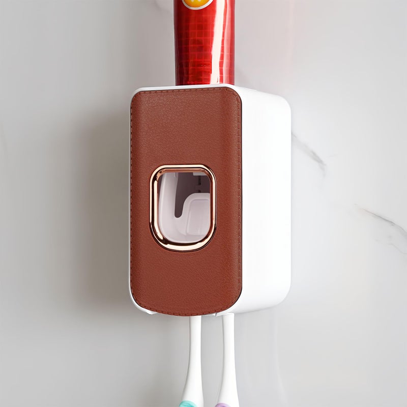 LUEXBOX 2 Slot Plastic Toothbrush Holder And Toothpaste Dispenser Wall Mounted  Automatic Toothpaste Squeezer  2 In 1 Tooth Brush Toothpaste Organizer For Shower (Brown) - Image 1
