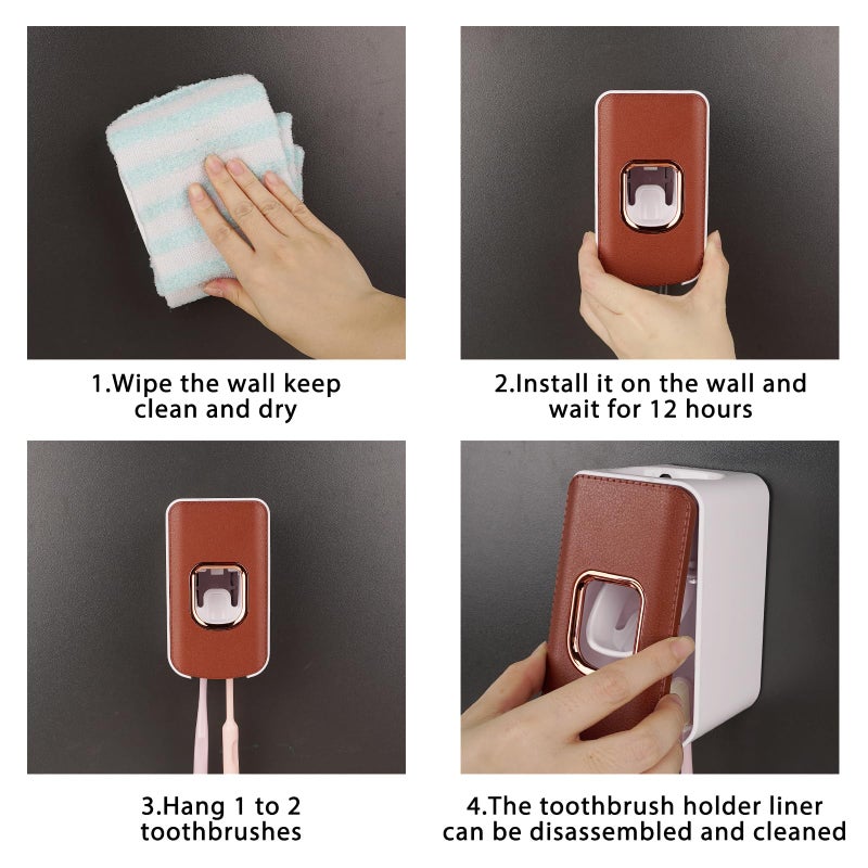 LUEXBOX 2 Slot Plastic Toothbrush Holder And Toothpaste Dispenser Wall Mounted  Automatic Toothpaste Squeezer  2 In 1 Tooth Brush Toothpaste Organizer For Shower (Brown) - Image 5