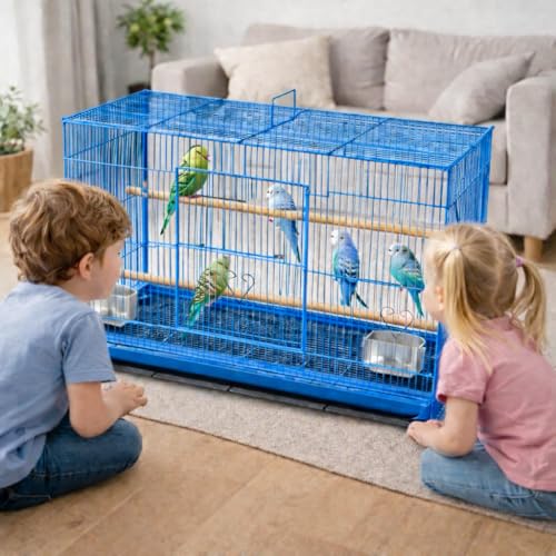 Rizopets Bird Cage, Crate for Rabbit, Parrots and Small Pets with Sliding Tray, 2 Feeding Cup & 2 Perch with Secure Lock (1.5 Feet, Blue) Metal - Image 3