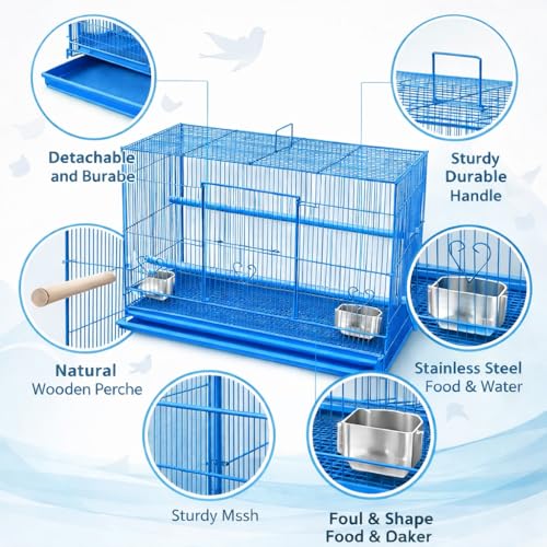 Rizopets Bird Cage, Crate for Rabbit, Parrots and Small Pets with Sliding Tray, 2 Feeding Cup & 2 Perch with Secure Lock (1.5 Feet, Blue) Metal - Image 5