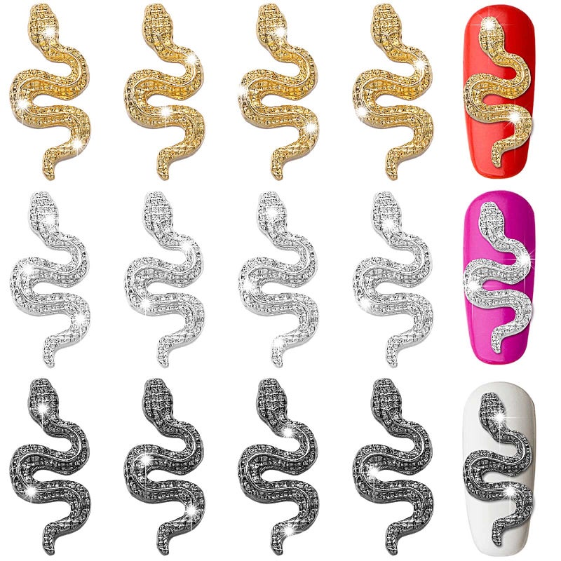 Leelosp 12 Pcs 3D Snake Nail Charms with Rhinestones Alloy Metal Snake Wave Crystal Nail Charm Art Jewelry Accessories Gold Silver Black for Art Decoration DIY 
