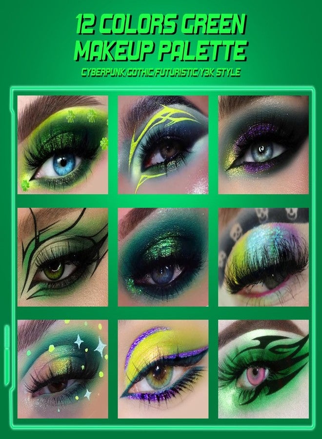 La Catrina Green Eyeshadow Makeup Palette,12 Color Bright Holographic Glitter Green Eye Shadow with Matte Shimmer Finish for Bold Smoky Look, Pigmented Silky Long Last Neon Yellow Blue Shade for Party, Goth, Cos - Image 2