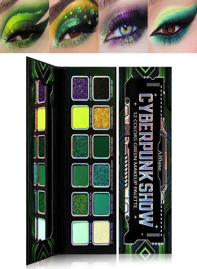 La Catrina Green Eyeshadow Makeup Palette,12 Color Bright Holographic Glitter Green Eye Shadow with Matte Shimmer Finish for Bold Smoky Look, Pigmented Silky Long Last Neon Yellow Blue Shade for Party, Goth, Cos - Image 1