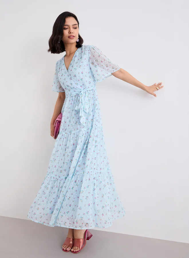 Styli Styli Light Blue Dobby Floral Tiered Maxi Dress