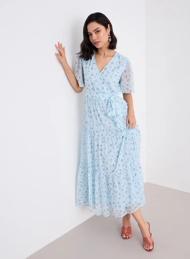 Styli Styli Light Blue Dobby Floral Tiered Maxi Dress