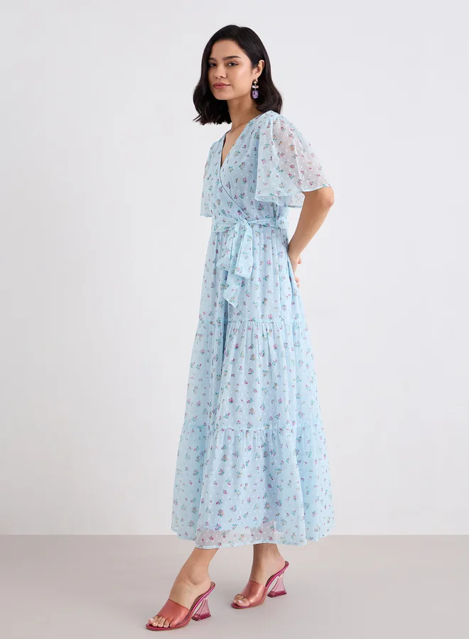 Styli Styli Light Blue Dobby Floral Tiered Maxi Dress