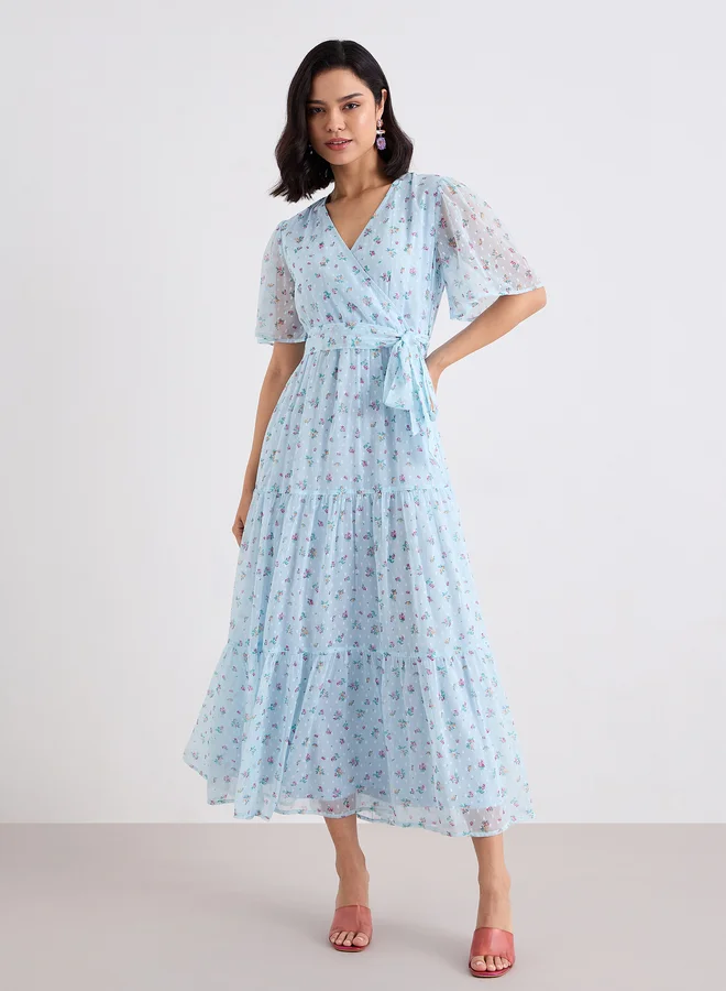 Styli Styli Light Blue Dobby Floral Tiered Maxi Dress
