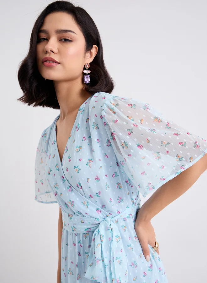 Styli Styli Light Blue Dobby Floral Tiered Maxi Dress