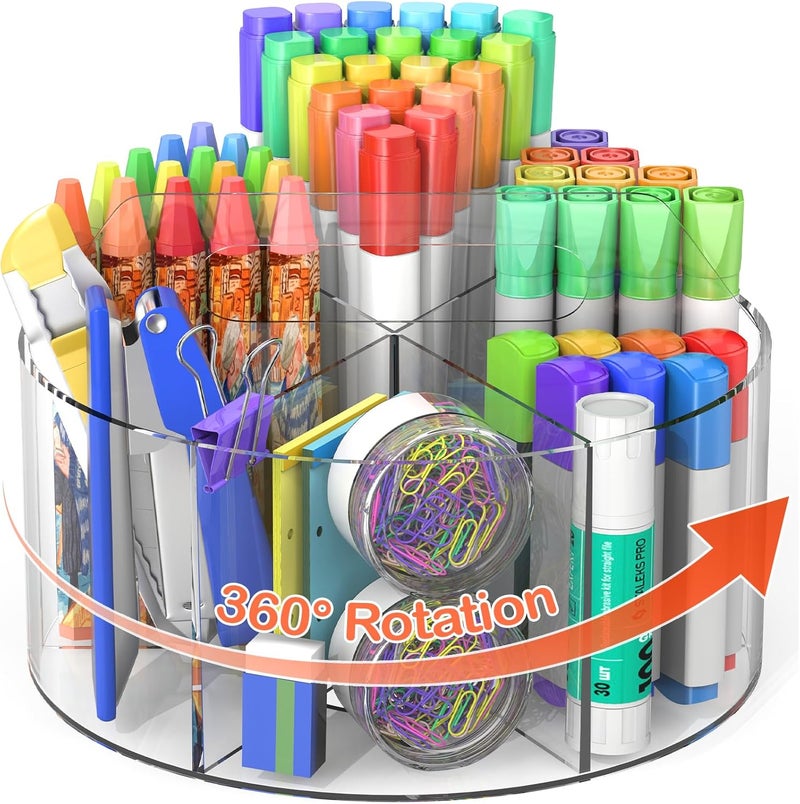 Mefirt حامل أقلام أكريليكي من Mefirt، تنظيمي دوار بزاوية 360 درجة، تنظيمي مكتبي أكريليكي دوار بـ 6 أقسام، منظم للأقلام والألوان للأطفال، منظم لمستلزمات الفنون المدرسية. - Image 1