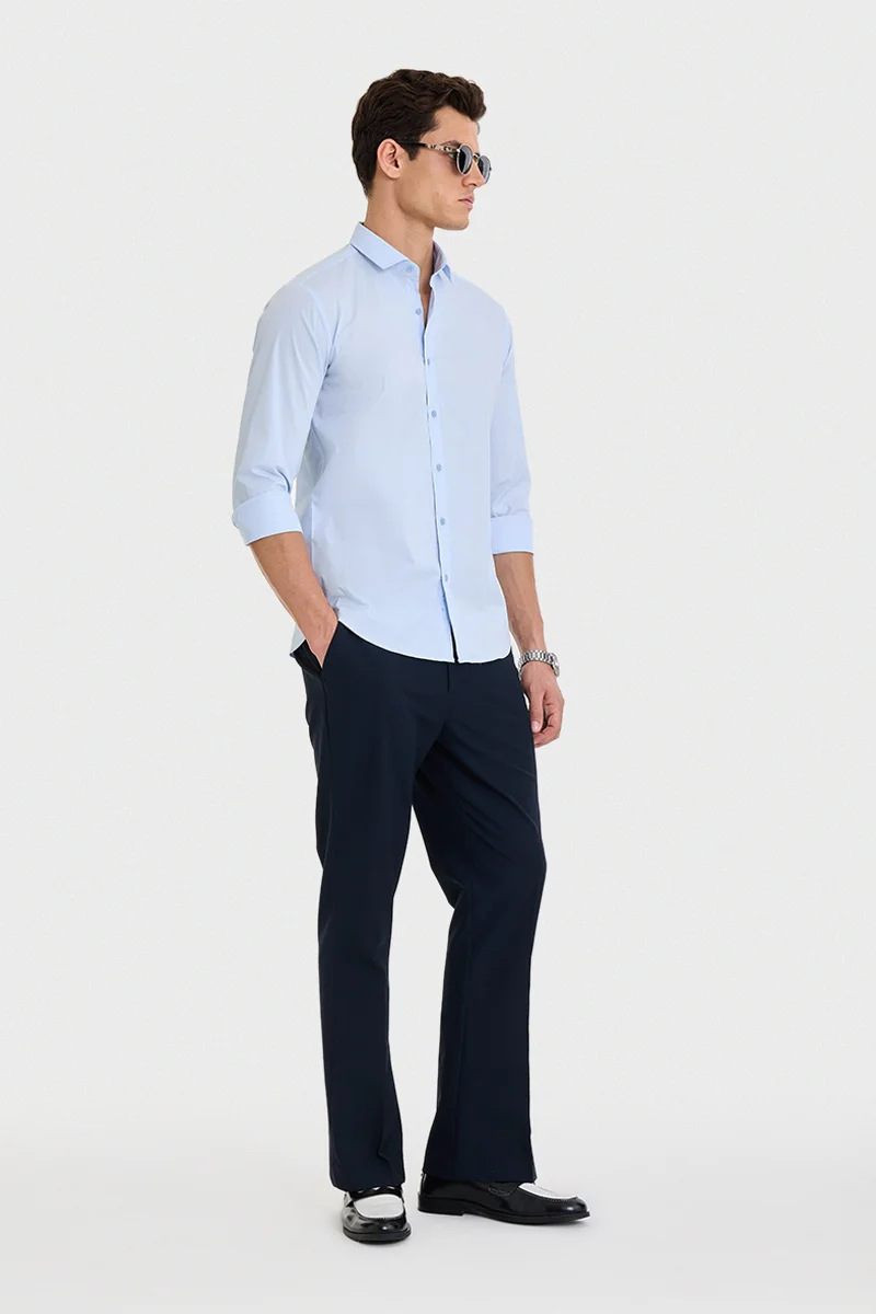 سنيتش Sky Blue Solid Long Sleeve Slim Fit Casual Shirt