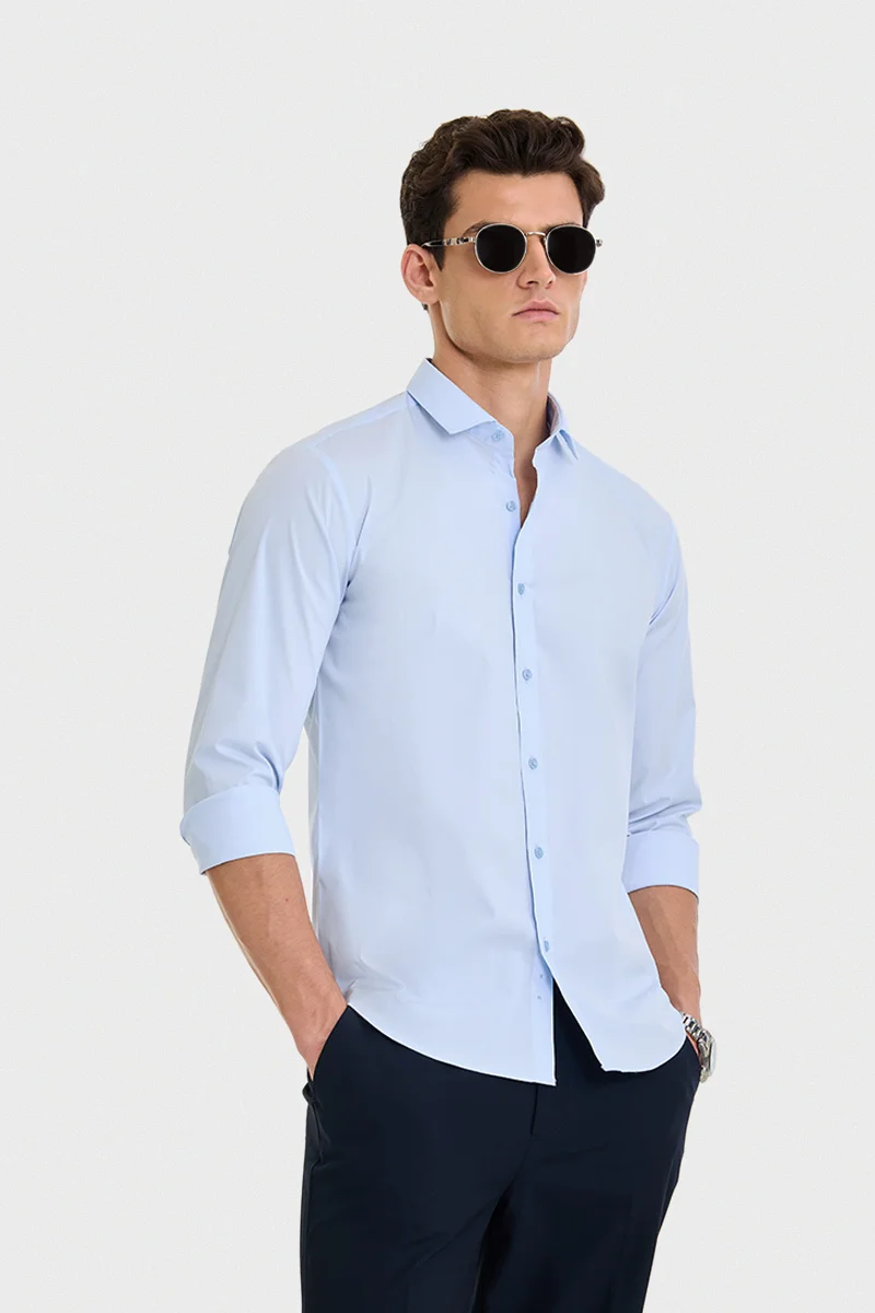 سنيتش Sky Blue Solid Long Sleeve Slim Fit Casual Shirt