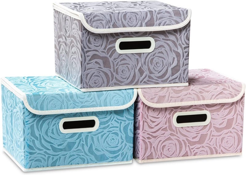 PRANDOM Collapsible Storage Boxes with Lids Fabric Decorative Storage Bins Cubes Organizer Containers Baskets with Cover Handles Divider for Bedroom Closet Living Room 9.8x7.9x6.7 Inch 3 Pack - Image 1