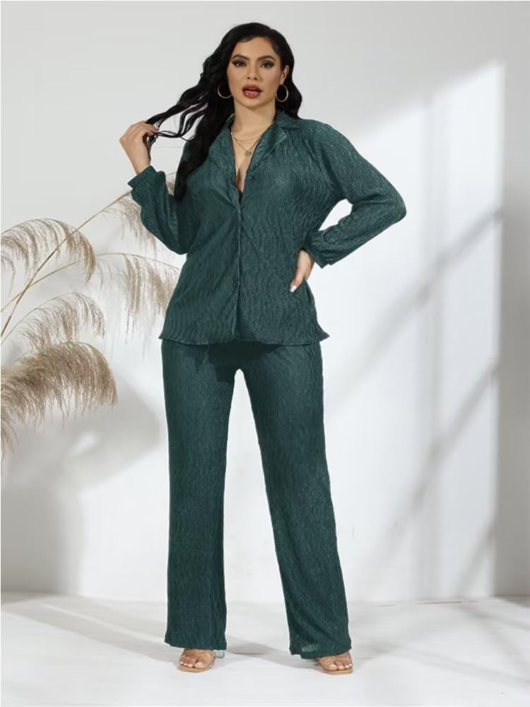 Ekaliy Women Pleated 2 Piece Pants Sets Casual Button Down Long Sleeve Shirt Wide Leg Trouser Outfit Loungewear Dark Green XL - Image 4