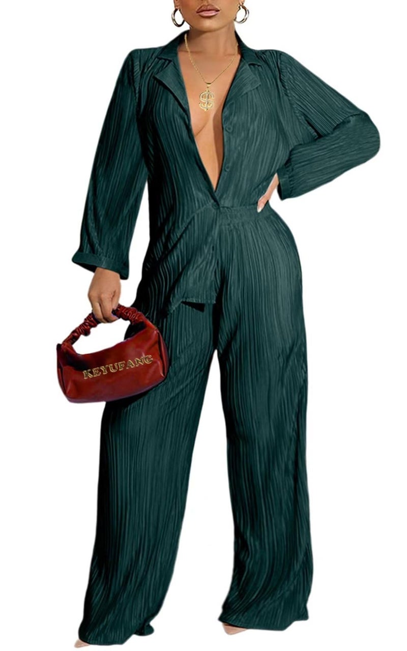 Ekaliy Women Pleated 2 Piece Pants Sets Casual Button Down Long Sleeve Shirt Wide Leg Trouser Outfit Loungewear Dark Green XL - Image 1