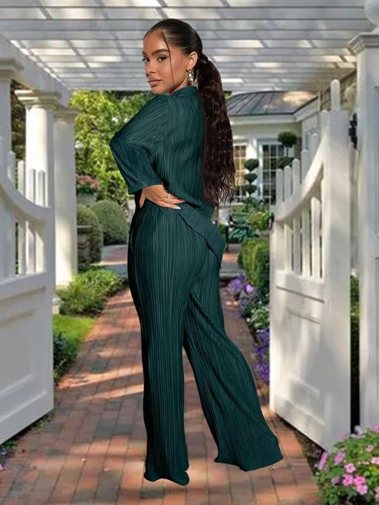 Ekaliy Women Pleated 2 Piece Pants Sets Casual Button Down Long Sleeve Shirt Wide Leg Trouser Outfit Loungewear Dark Green XL - Image 2