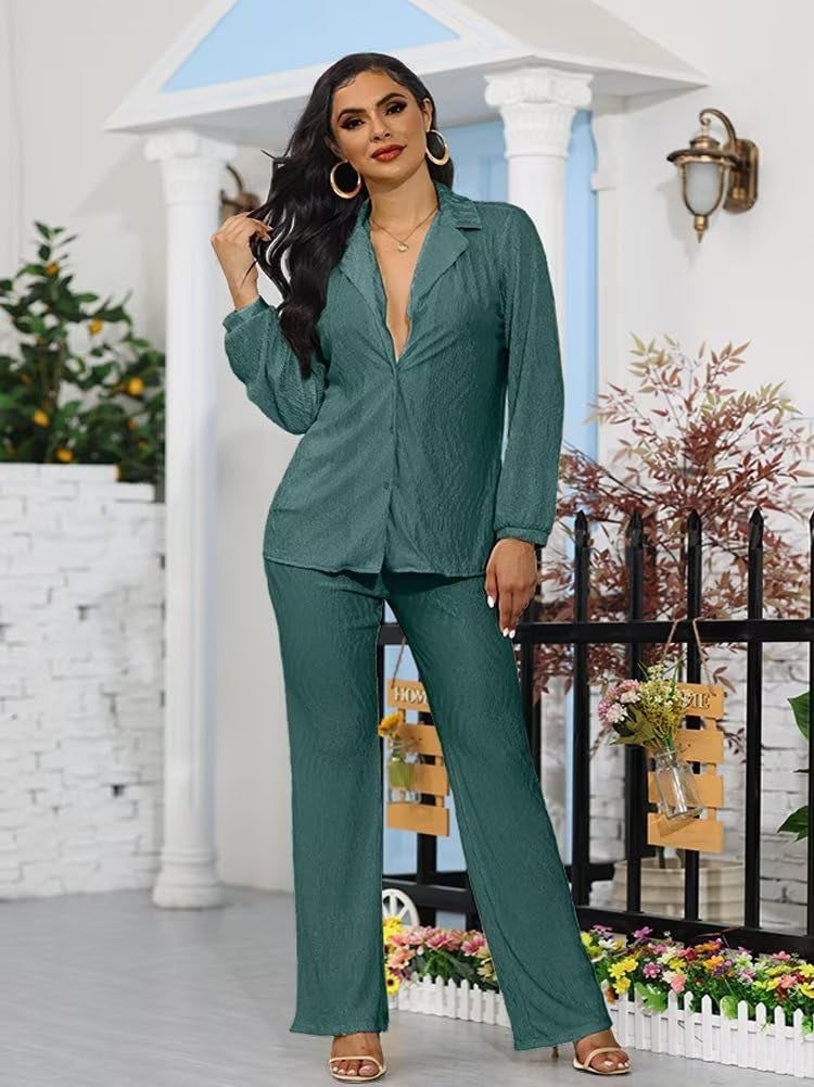 Ekaliy Women Pleated 2 Piece Pants Sets Casual Button Down Long Sleeve Shirt Wide Leg Trouser Outfit Loungewear Dark Green XL - Image 3