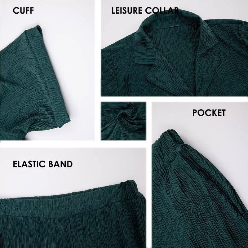 Ekaliy Women Pleated 2 Piece Pants Sets Casual Button Down Long Sleeve Shirt Wide Leg Trouser Outfit Loungewear Dark Green XL - Image 5
