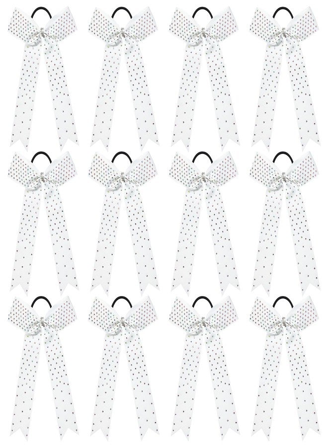 DEEKA 12 PCS Cheer Bow, Collegiate Style Glitter Bows - White with Rhinestones, Handmade Cheerleader Accessories for Girls Teens Sports - Image 1