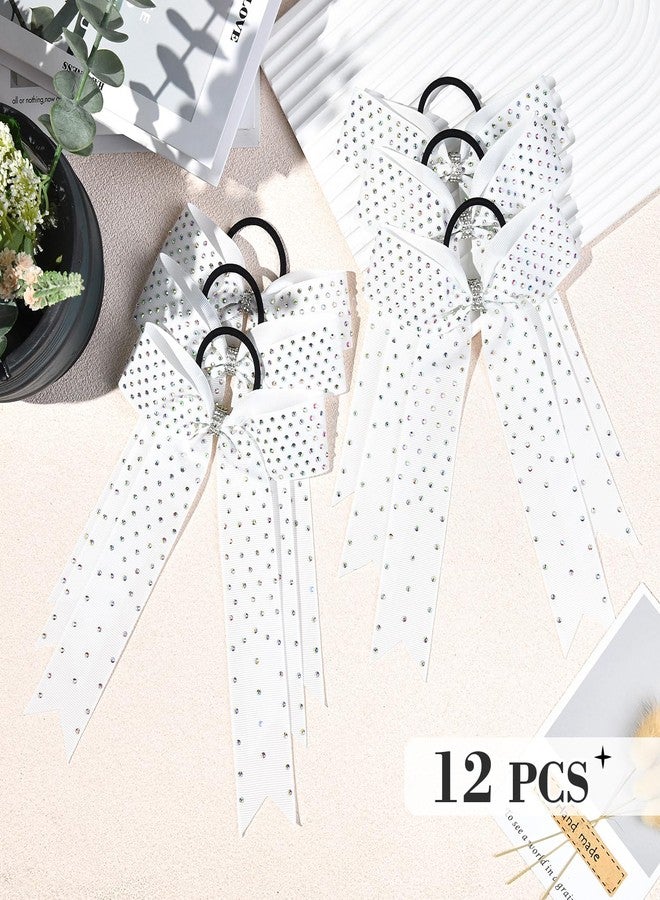 DEEKA 12 PCS Cheer Bow, Collegiate Style Glitter Bows - White with Rhinestones, Handmade Cheerleader Accessories for Girls Teens Sports - Image 4