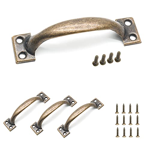 Jersvimc 4Pcs 4 Inch Bronze Metal Cabinet Handles, Rustic Drawer Pulls Vintage Dresser Handles Curved Cupboard Handles for Kitchen Furniture Closet Door - Image 1