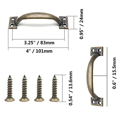 Jersvimc 4Pcs 4 Inch Bronze Metal Cabinet Handles, Rustic Drawer Pulls Vintage Dresser Handles Curved Cupboard Handles for Kitchen Furniture Closet Door - Image 3